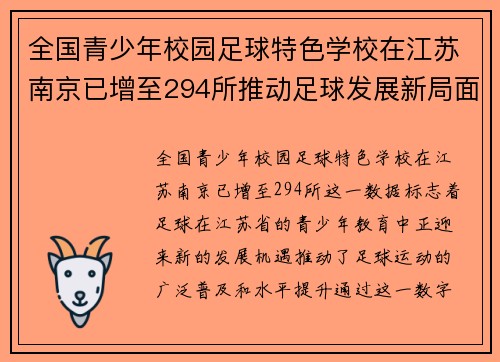 全国青少年校园足球特色学校在江苏南京已增至294所推动足球发展新局面