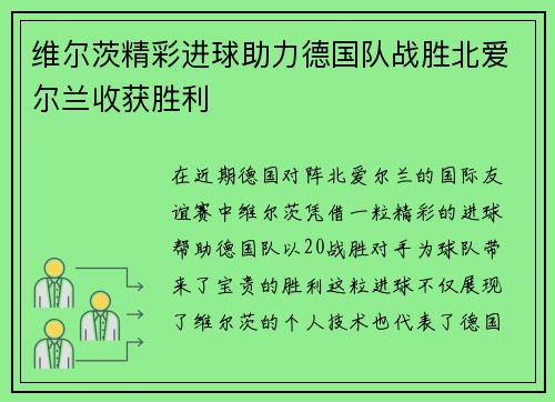 维尔茨精彩进球助力德国队战胜北爱尔兰收获胜利